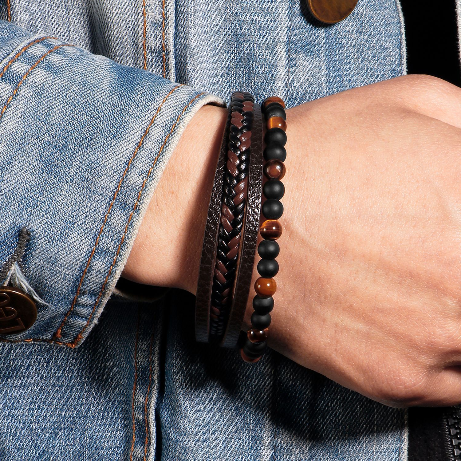 Multilayer PU Leather Beads Bracelet Men Magnetic Clasp Steel Wristband Braided Cuff Tiger-Eye Lava Rock Beaded Stone Bangle Gift for Him