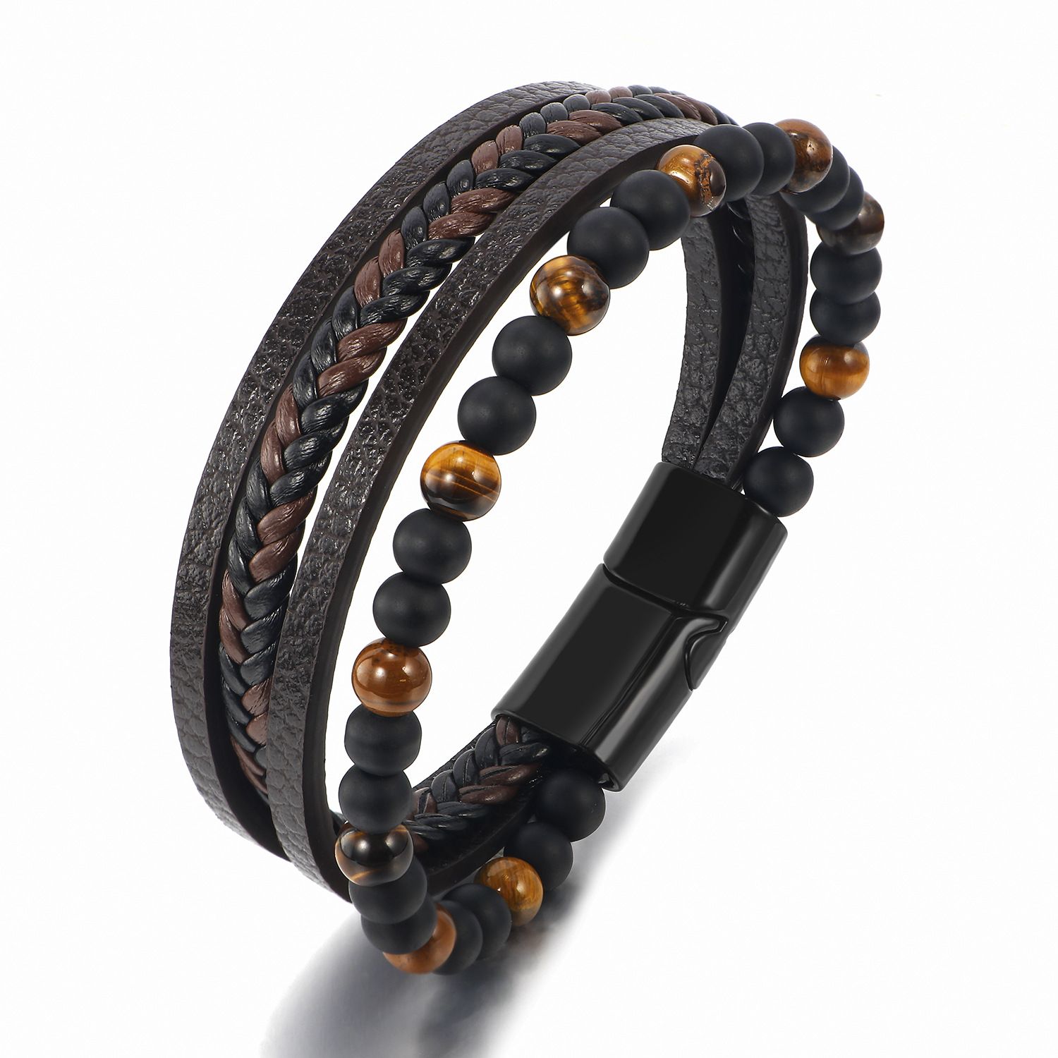 Multilayer PU Leather Beads Bracelet Men Magnetic Clasp Steel Wristband Braided Cuff Tiger-Eye Lava Rock Beaded Stone Bangle Gift for Him