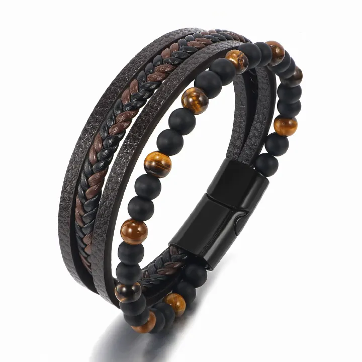 Multilayer PU Leather Beads Bracelet Men Magnetic Clasp Steel Wristband Braided Cuff Tiger-Eye Lava Rock Beaded Stone Bangle Gift for Him