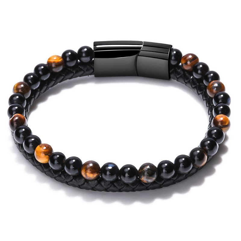 Multilayer PU Leather Beads Bracelet Men Magnetic Clasp Steel Wristband Braided Cuff Tiger-Eye Lava Rock Beaded Stone Bangle Gift for Him