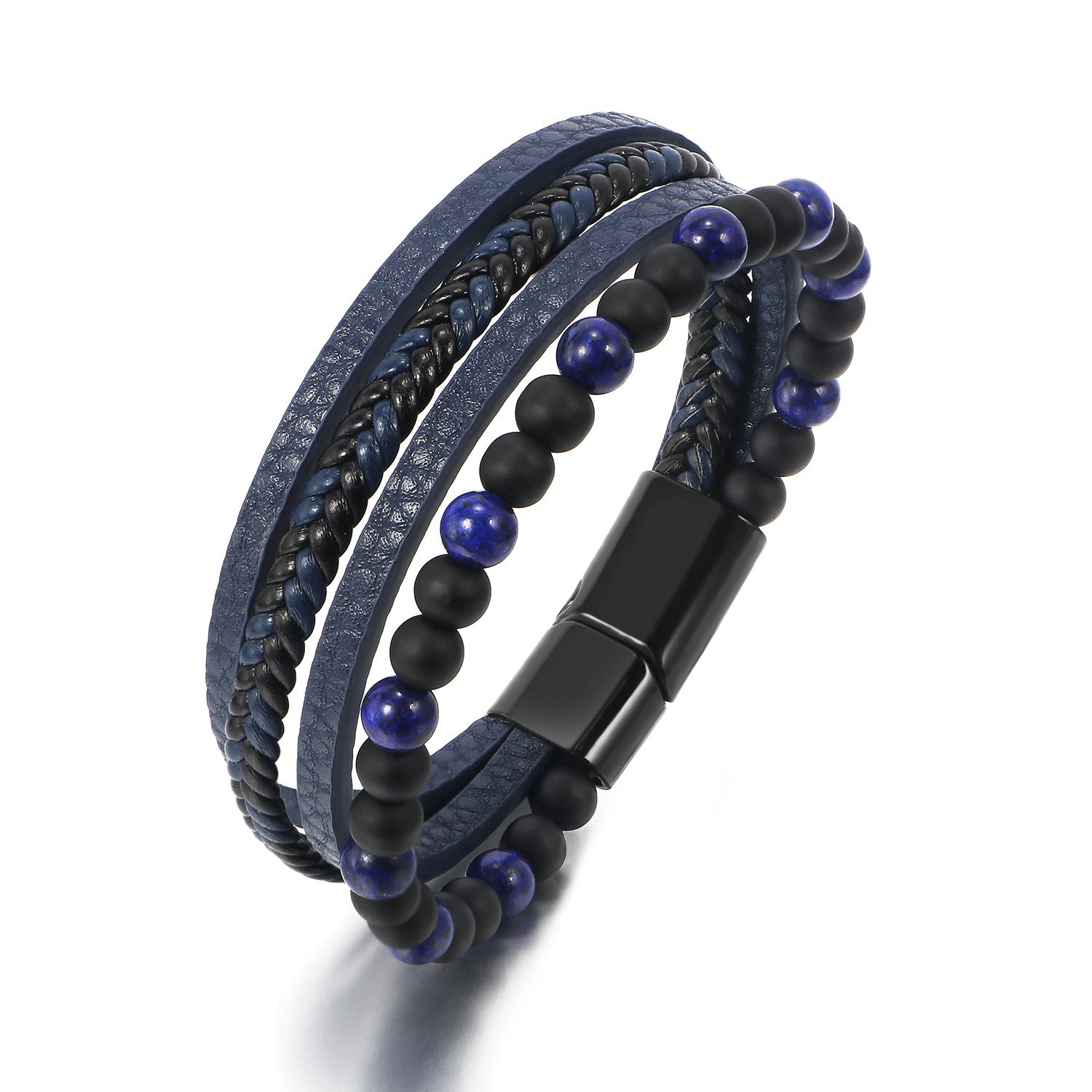 Multilayer PU Leather Beads Bracelet Men Magnetic Clasp Steel Wristband Braided Cuff Tiger-Eye Lava Rock Beaded Stone Bangle Gift for Him