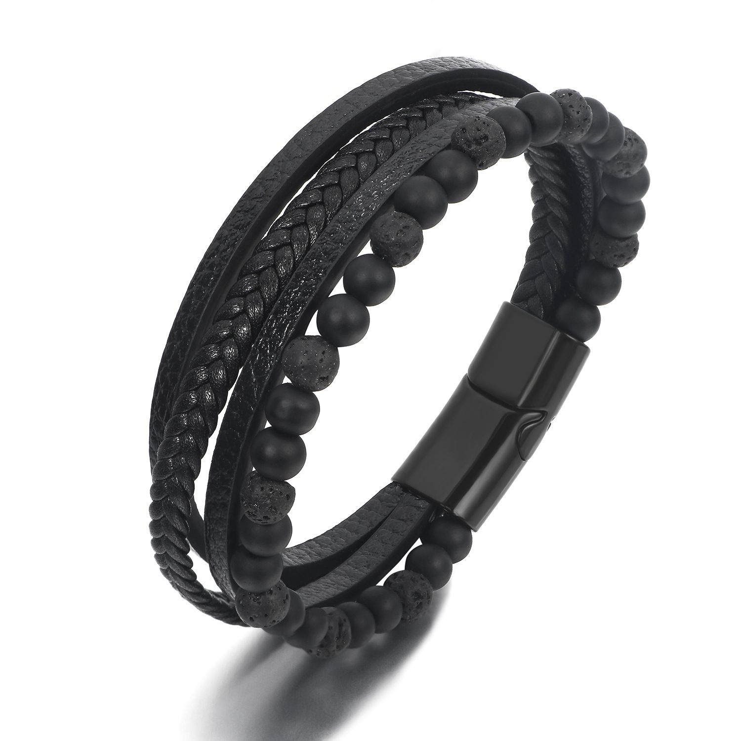 Multilayer PU Leather Beads Bracelet Men Magnetic Clasp Steel Wristband Braided Cuff Tiger-Eye Lava Rock Beaded Stone Bangle Gift for Him