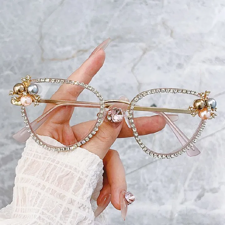 Retro Diamond Cat Eye Reading Glasses Blue Light Blocking Optical Women Fashion Rhinestone Eyewear Eyeglasses