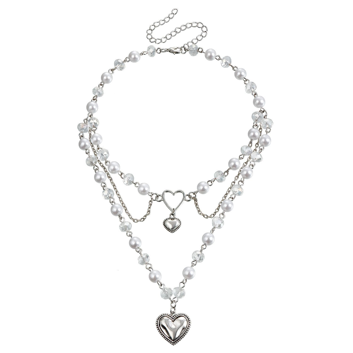 Layered Pearl Necklace Statement Gothic Cross Pearl Choker Necklace for Women Girls Heart-Shaped Chunky Pendant Necklaces