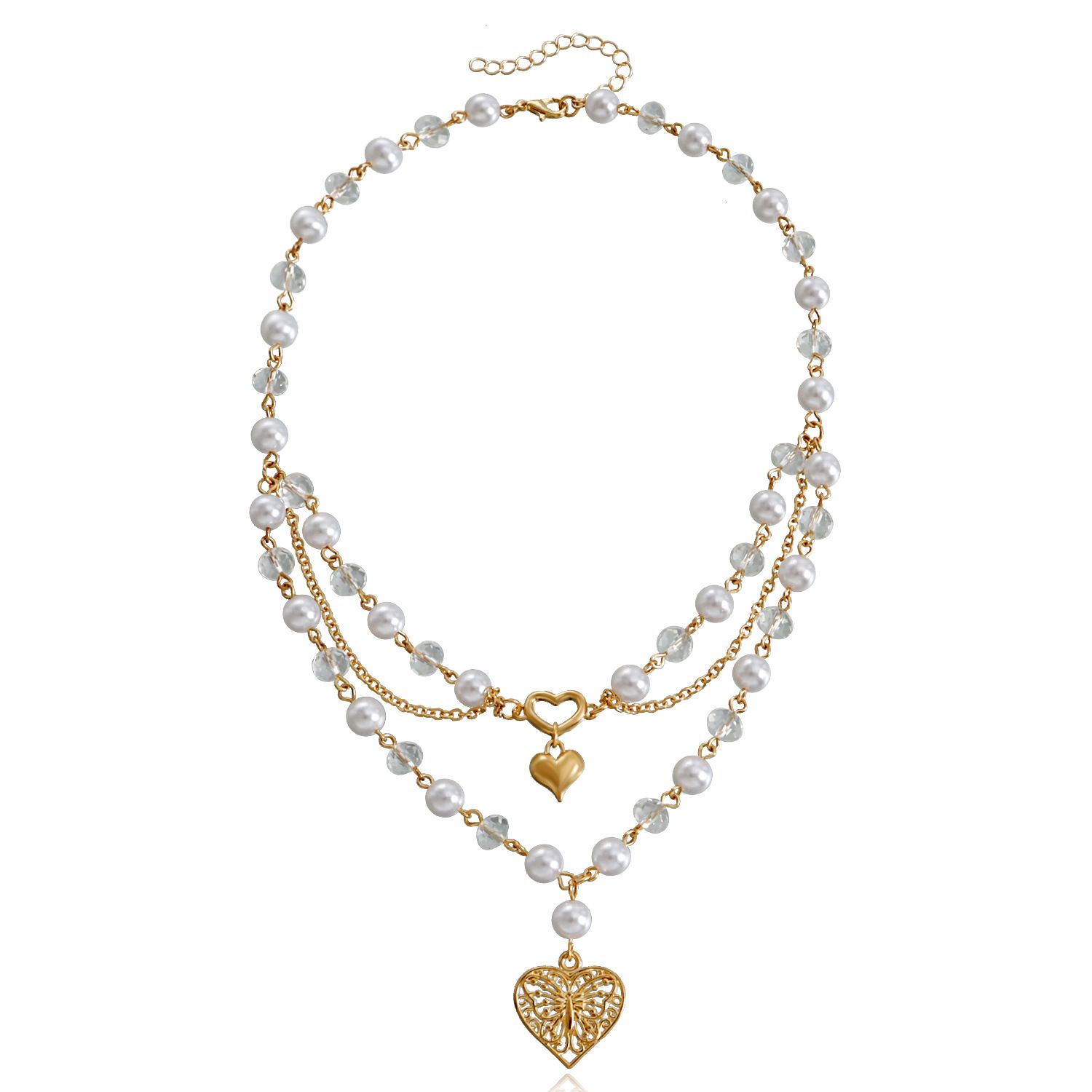 Layered Pearl Necklace Statement Gothic Cross Pearl Choker Necklace for Women Girls Heart-Shaped Chunky Pendant Necklaces