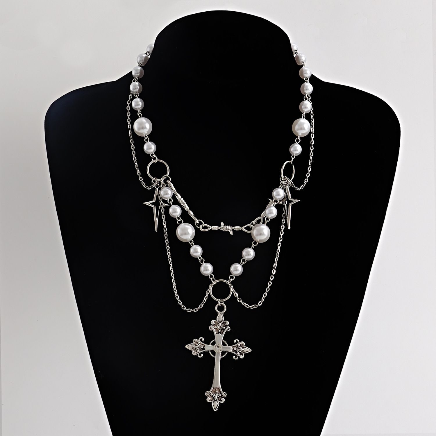 Layered Pearl Necklace Statement Gothic Cross Pearl Choker Necklace for Women Girls Heart-Shaped Chunky Pendant Necklaces