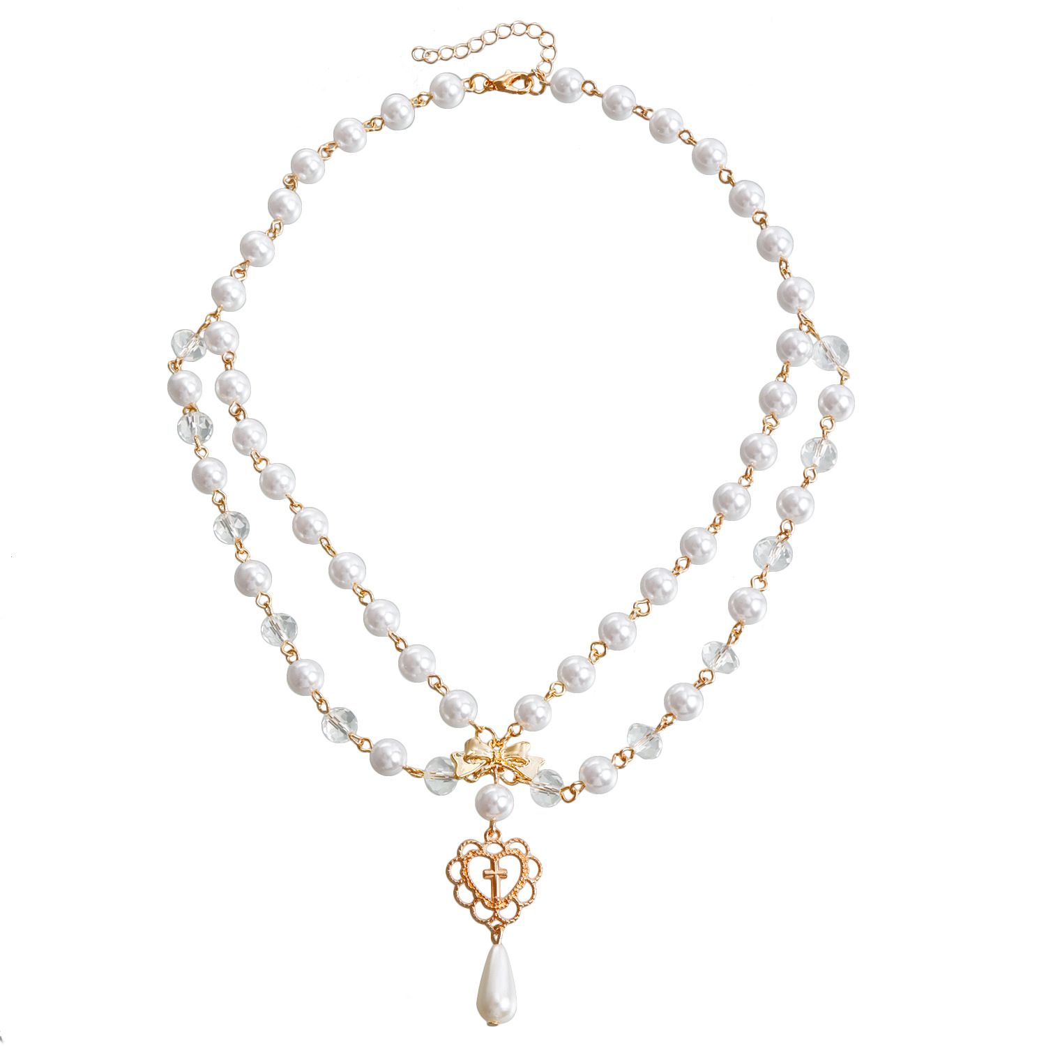 Layered Pearl Necklace Statement Gothic Cross Pearl Choker Necklace for Women Girls Heart-Shaped Chunky Pendant Necklaces