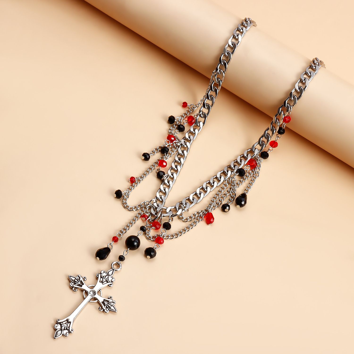 Layered Pearl Necklace Statement Gothic Cross Pearl Choker Necklace for Women Girls Heart-Shaped Chunky Pendant Necklaces
