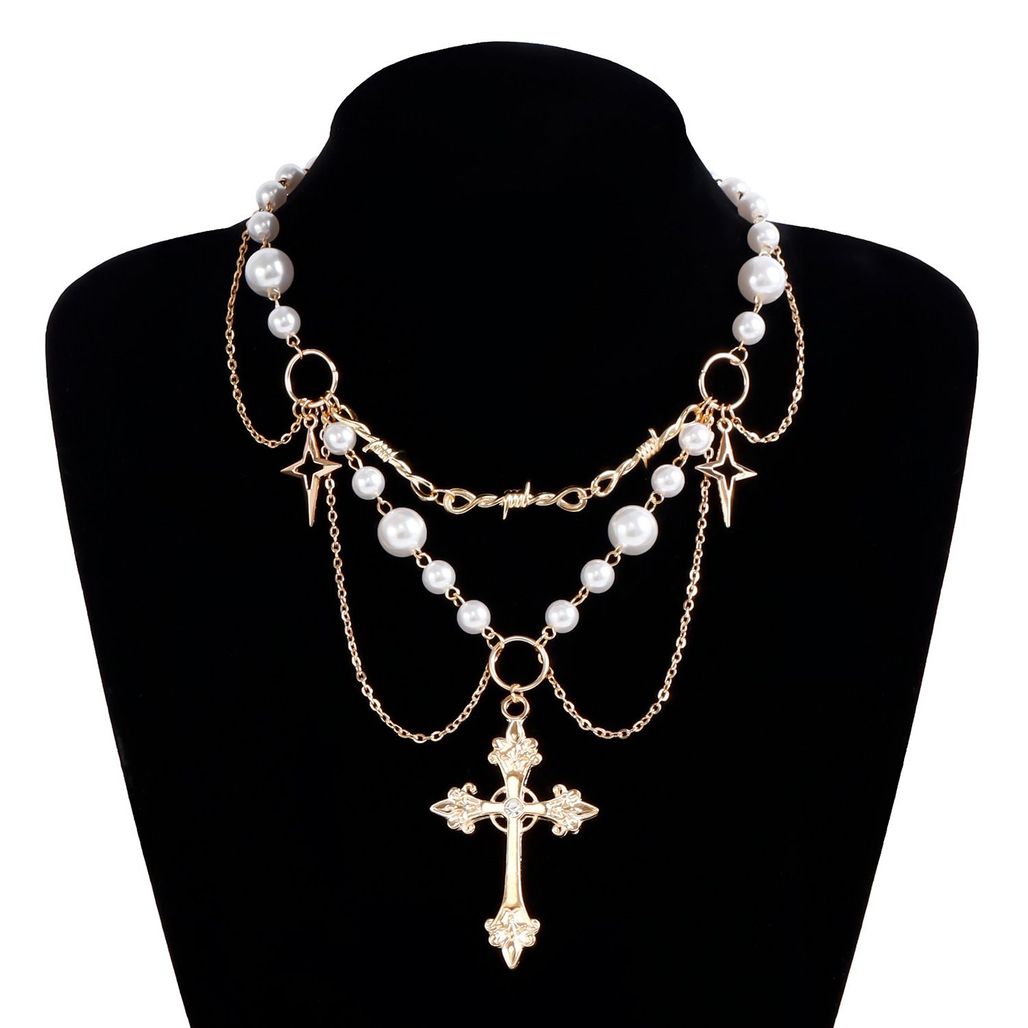 Layered Pearl Necklace Statement Gothic Cross Pearl Choker Necklace for Women Girls Heart-Shaped Chunky Pendant Necklaces