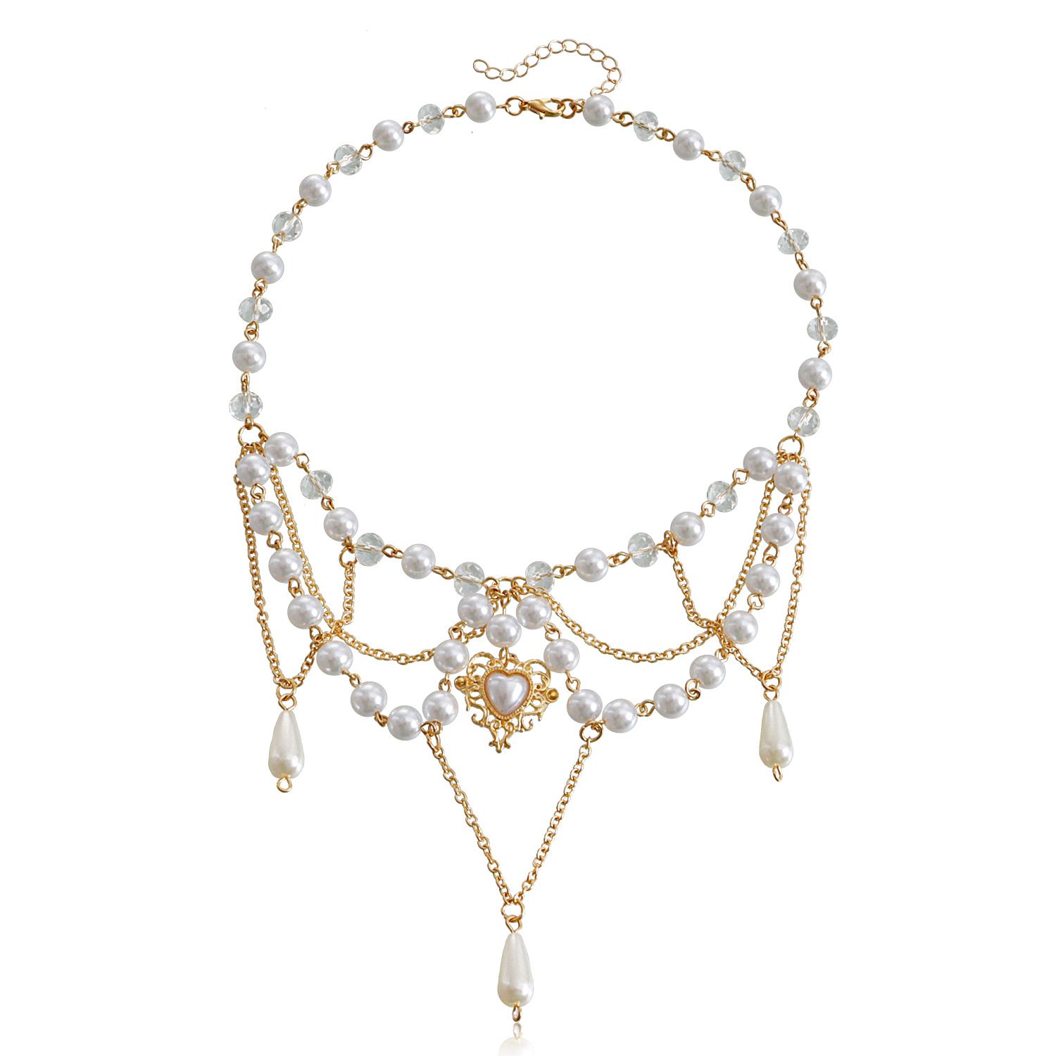 Layered Pearl Necklace Statement Gothic Cross Pearl Choker Necklace for Women Girls Heart-Shaped Chunky Pendant Necklaces