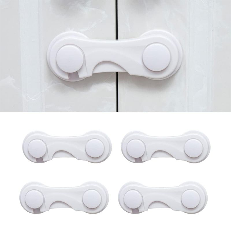 4-Pack Baby Safety Locks Child Safety Locks Baby Proof Cabinet Latches Childproof Drawer Latches 3M Adhesives Multi-Purpose for Furniture Kitchen Cupboards Fridge Closet-White