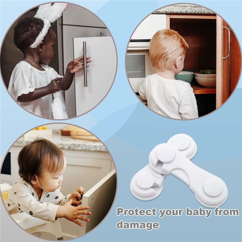 4-Pack Baby Safety Locks Child Safety Locks Baby Proof Cabinet Latches Childproof Drawer Latches 3M Adhesives Multi-Purpose for Furniture Kitchen Cupboards Fridge Closet-White