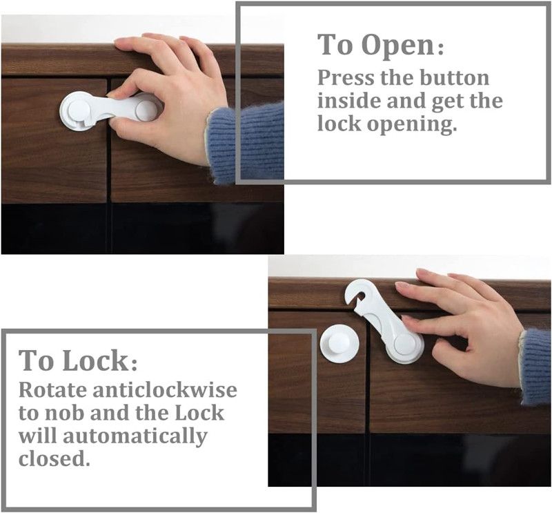 4-Pack Baby Safety Locks Child Safety Locks Baby Proof Cabinet Latches Childproof Drawer Latches 3M Adhesives Multi-Purpose for Furniture Kitchen Cupboards Fridge Closet-White