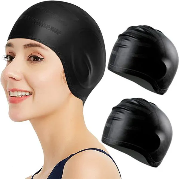 2 Pieces Swimming Caps, Silicone Swim Cap for Women Men, Durable Non-Slip Waterproof Swim Cap Protect Ears, Long Hair for Adults, Older Kids