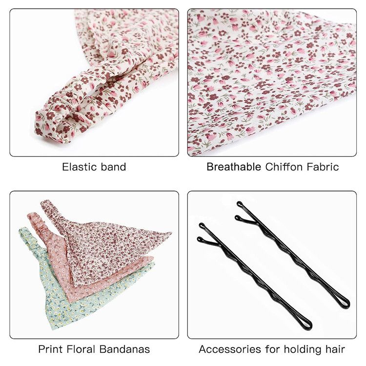 Floral Elastic Hair Bandanas Boho Scarf  Headband Chiffon Head Kerchief Turban with Hair Clips for Women