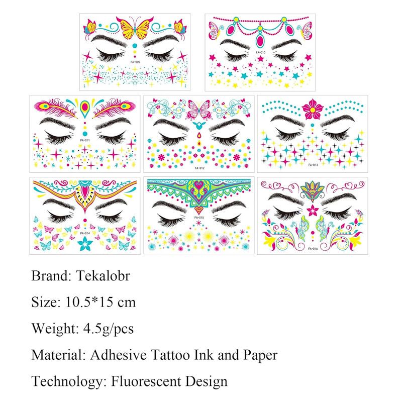 4 PCS Glow in The Dark Tattoos Stickers, Fake Face Temporary Tattoos Makeup UV Neon Floral Body Paint Tattoo Stickers Decorations for Adults Women Festival Bar Party Supplies
