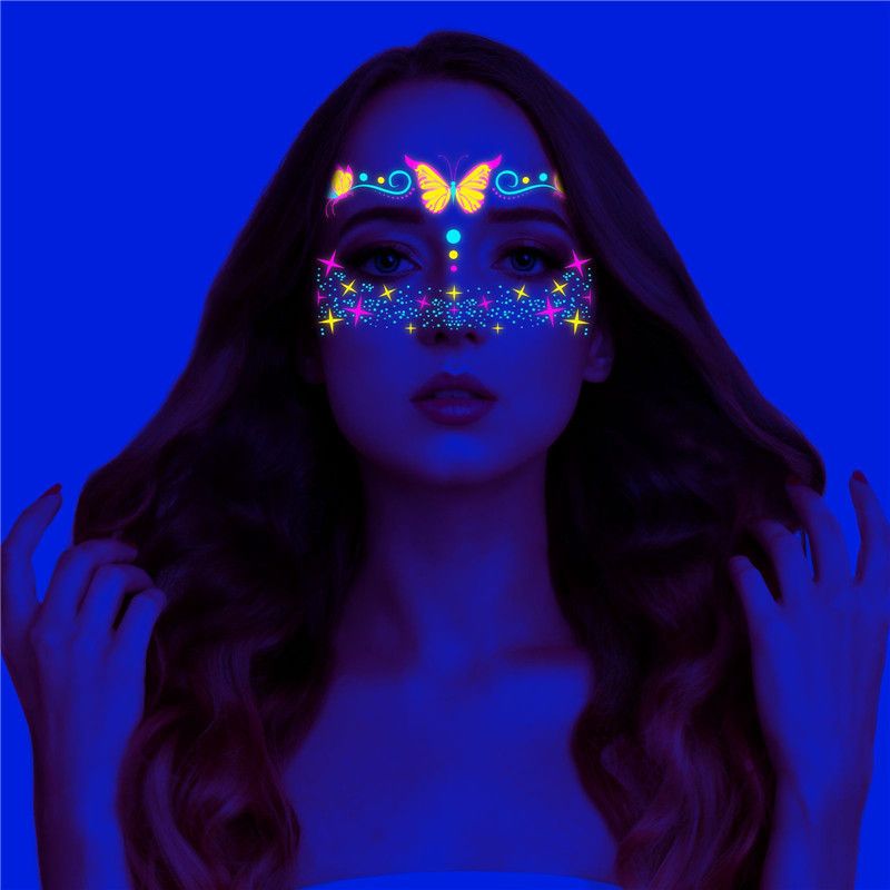 4 PCS Glow in The Dark Tattoos Stickers, Fake Face Temporary Tattoos Makeup UV Neon Floral Body Paint Tattoo Stickers Decorations for Adults Women Festival Bar Party Supplies