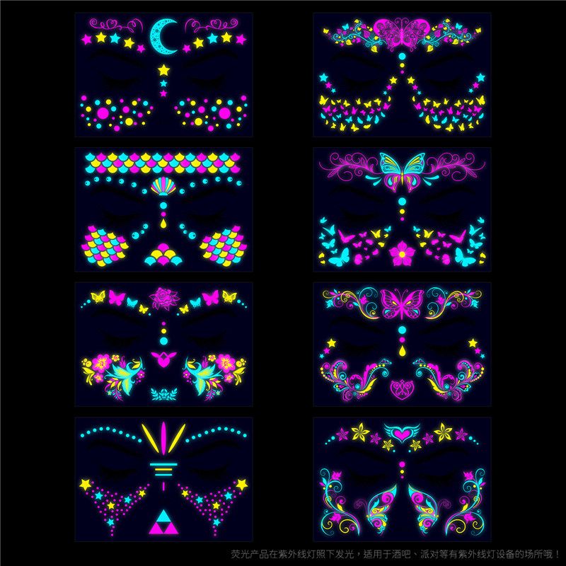 4 PCS Glow in The Dark Tattoos Stickers, Fake Face Temporary Tattoos Makeup UV Neon Floral Body Paint Tattoo Stickers Decorations for Adults Women Festival Bar Party Supplies