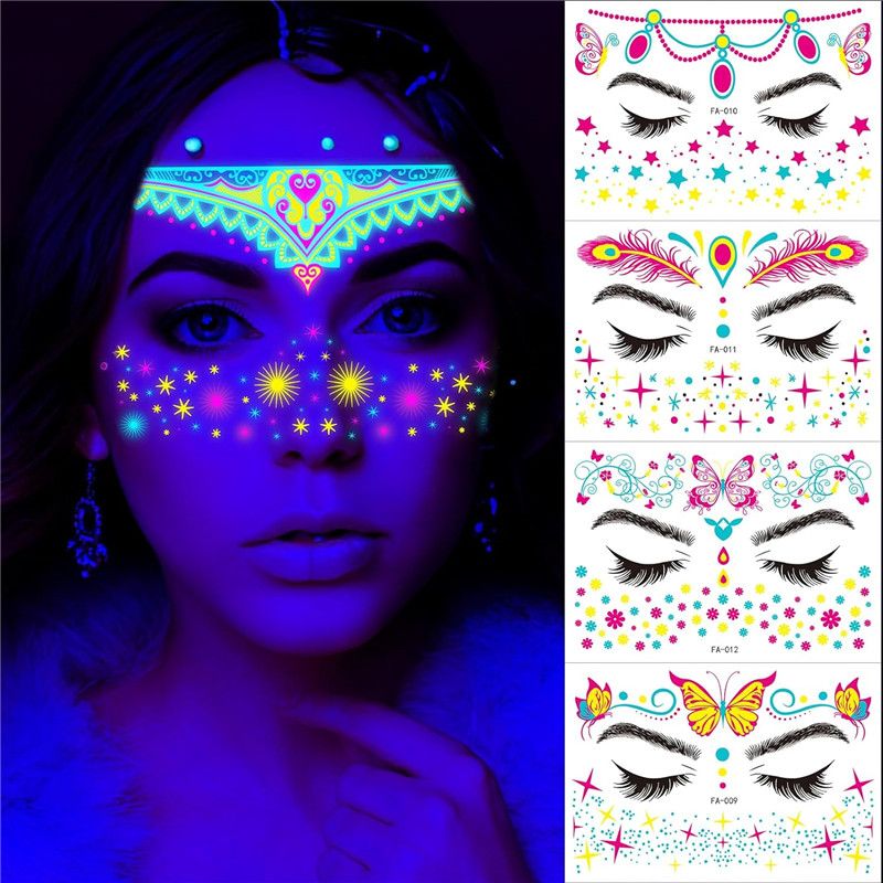 4 PCS Glow in The Dark Tattoos Stickers, Fake Face Temporary Tattoos Makeup UV Neon Floral Body Paint Tattoo Stickers Decorations for Adults Women Festival Bar Party Supplies