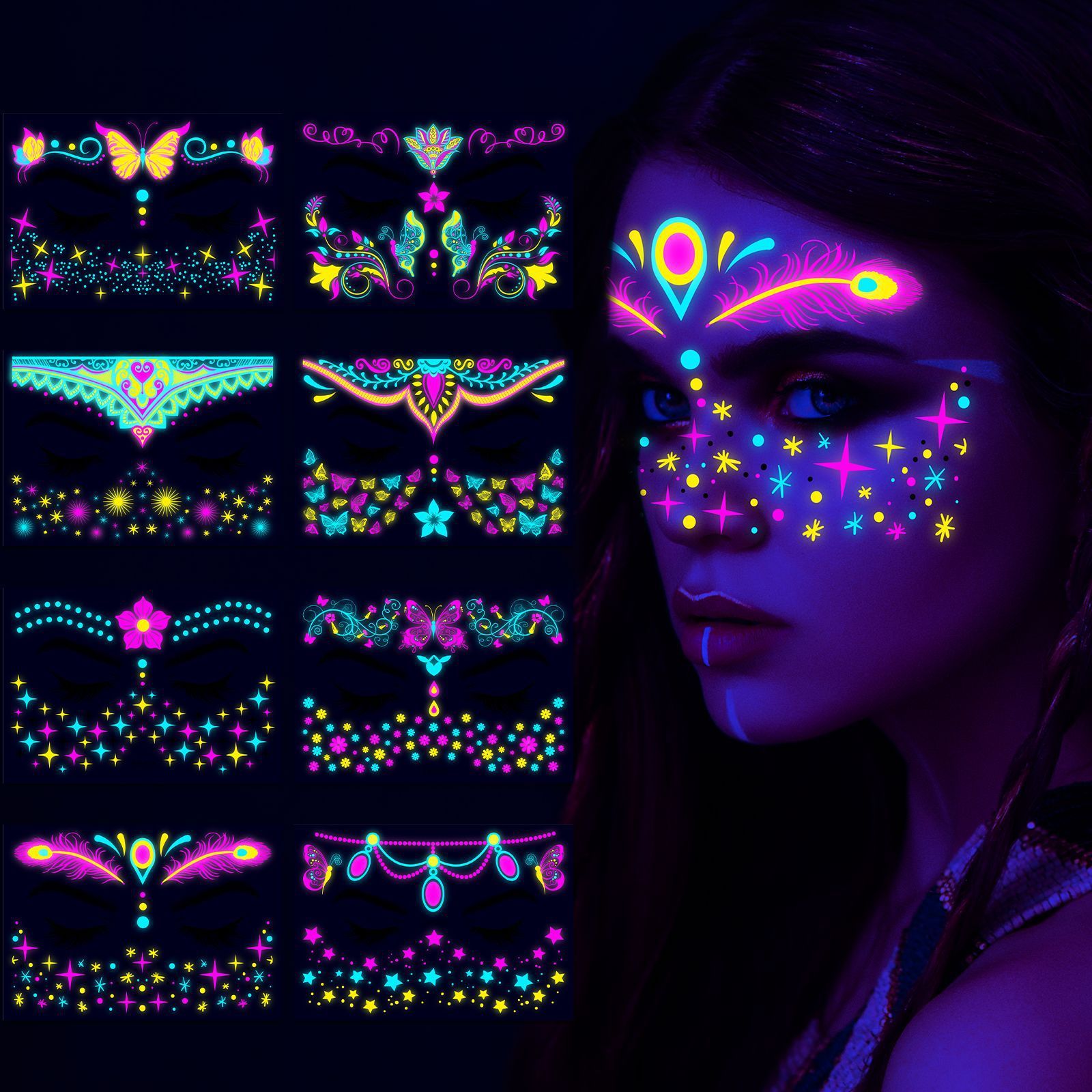 4 PCS Glow in The Dark Tattoos Stickers, Fake Face Temporary Tattoos Makeup UV Neon Floral Body Paint Tattoo Stickers Decorations for Adults Women Festival Bar Party Supplies