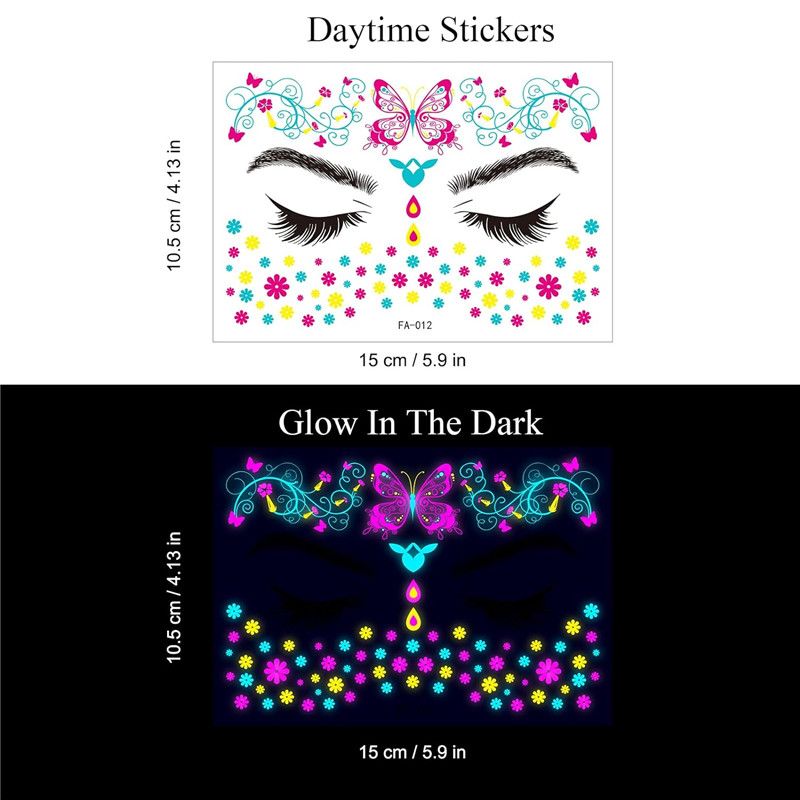 4 PCS Glow in The Dark Tattoos Stickers, Fake Face Temporary Tattoos Makeup UV Neon Floral Body Paint Tattoo Stickers Decorations for Adults Women Festival Bar Party Supplies