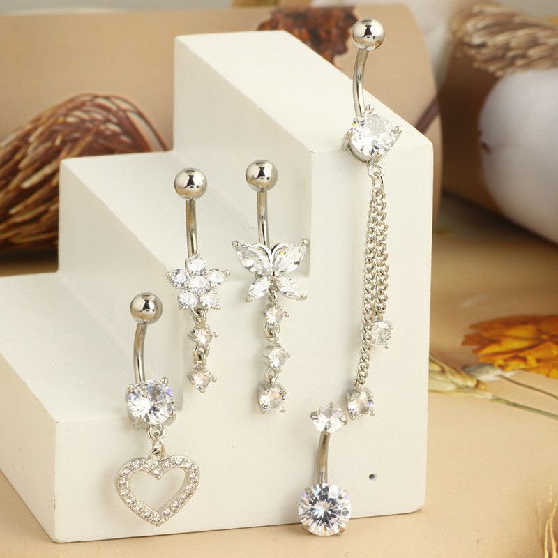 Belly Button Ring Dangle Navel Belly Piercing Jewelry Cute Pink CZ Heart Butterfly Bow Flower Navel Belly Rings for Women 14G Silver Stainless Steel Dainty Dangly Dangling Belly Button Piercing