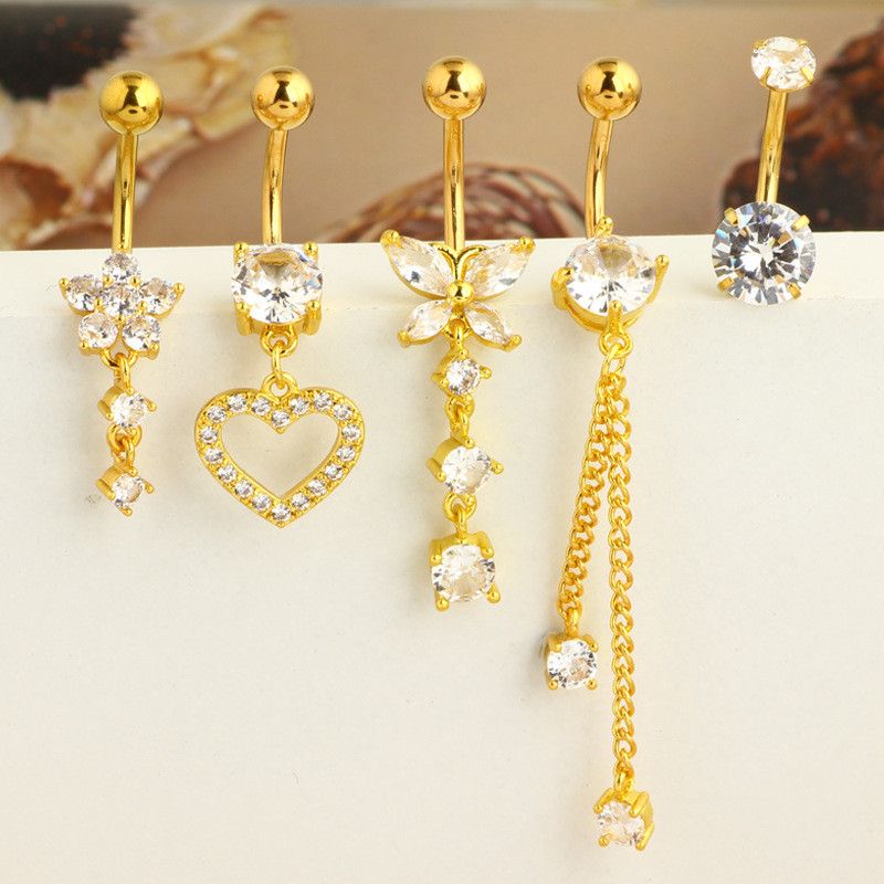 Belly Button Ring Dangle Navel Belly Piercing Jewelry Cute Pink CZ Heart Butterfly Bow Flower Navel Belly Rings for Women 14G Silver Stainless Steel Dainty Dangly Dangling Belly Button Piercing