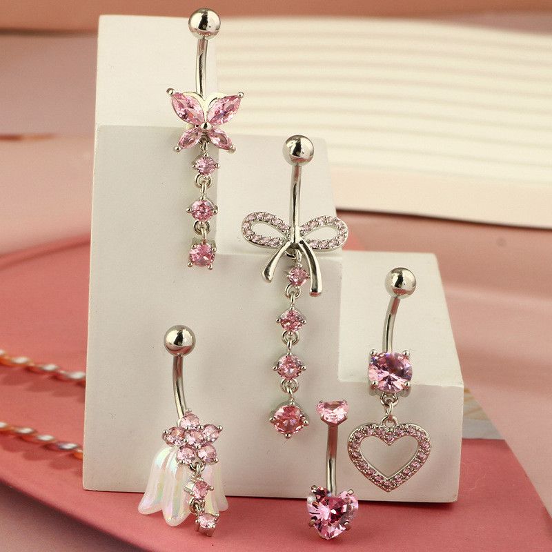 Belly Button Ring Dangle Navel Belly Piercing Jewelry Cute Pink CZ Heart Butterfly Bow Flower Navel Belly Rings for Women 14G Silver Stainless Steel Dainty Dangly Dangling Belly Button Piercing