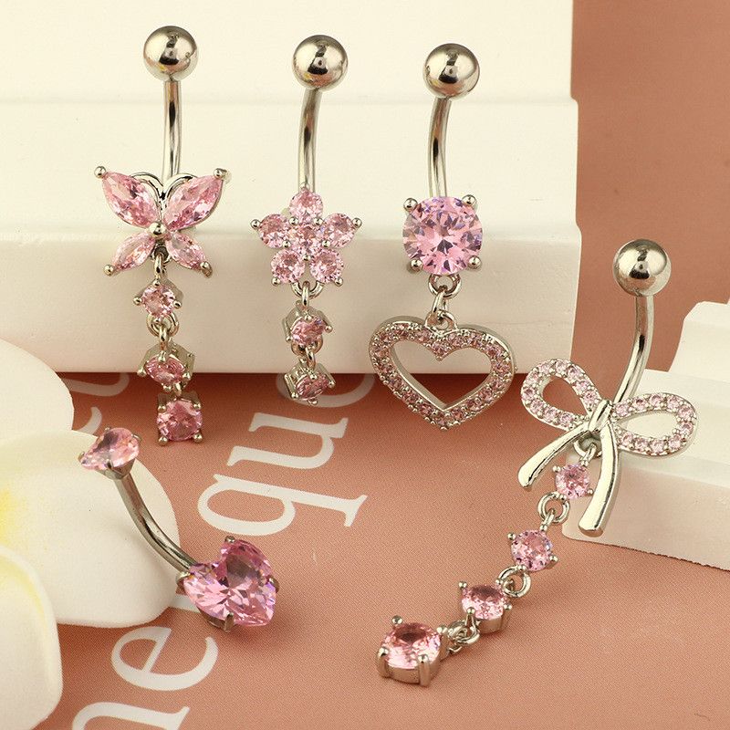 Belly Button Ring Dangle Navel Belly Piercing Jewelry Cute Pink CZ Heart Butterfly Bow Flower Navel Belly Rings for Women 14G Silver Stainless Steel Dainty Dangly Dangling Belly Button Piercing