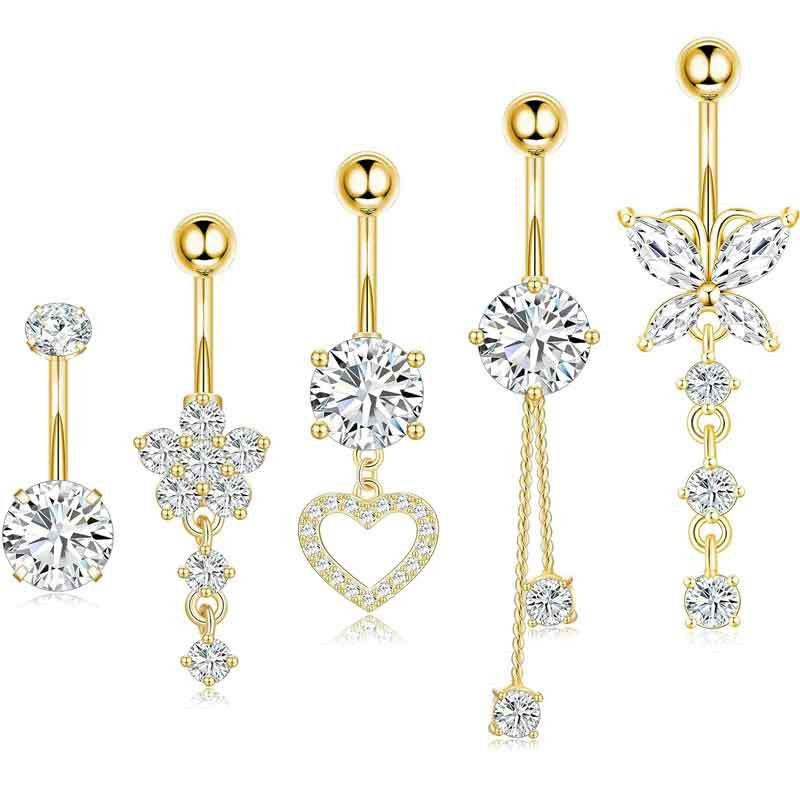 Belly Button Ring Dangle Navel Belly Piercing Jewelry Cute Pink CZ Heart Butterfly Bow Flower Navel Belly Rings for Women 14G Silver Stainless Steel Dainty Dangly Dangling Belly Button Piercing