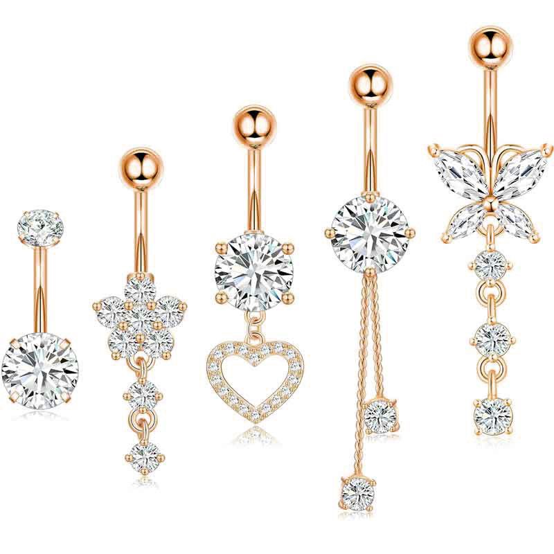 Belly Button Ring Dangle Navel Belly Piercing Jewelry Cute Pink CZ Heart Butterfly Bow Flower Navel Belly Rings for Women 14G Silver Stainless Steel Dainty Dangly Dangling Belly Button Piercing