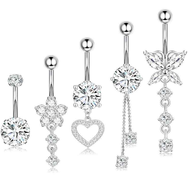 Belly Button Ring Dangle Navel Belly Piercing Jewelry Cute Pink CZ Heart Butterfly Bow Flower Navel Belly Rings for Women 14G Silver Stainless Steel Dainty Dangly Dangling Belly Button Piercing