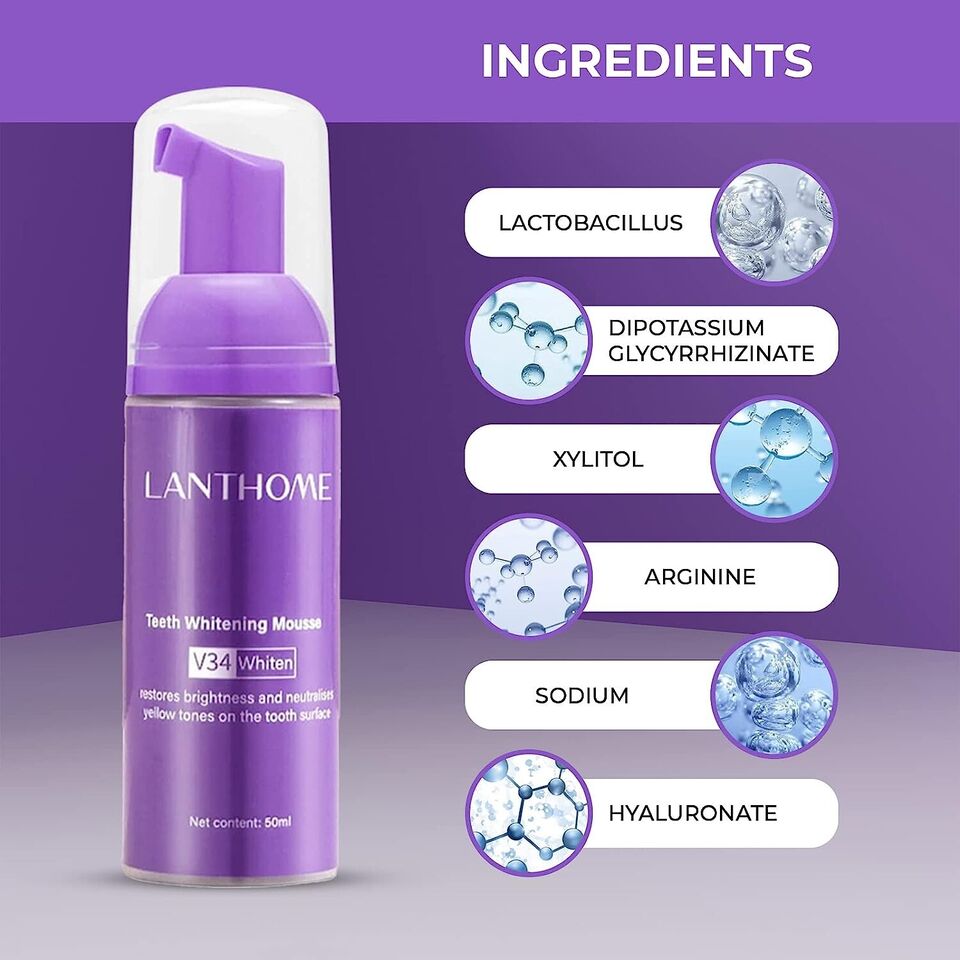 The original Lanthome V34 Purple Teeth Whitening Mousse: Advanced Teeth Whitening, Cigarette Stains Repair ,Neutralizes Yellow Tones removes Dental Plaque ,best Fresh Breath Oral Care