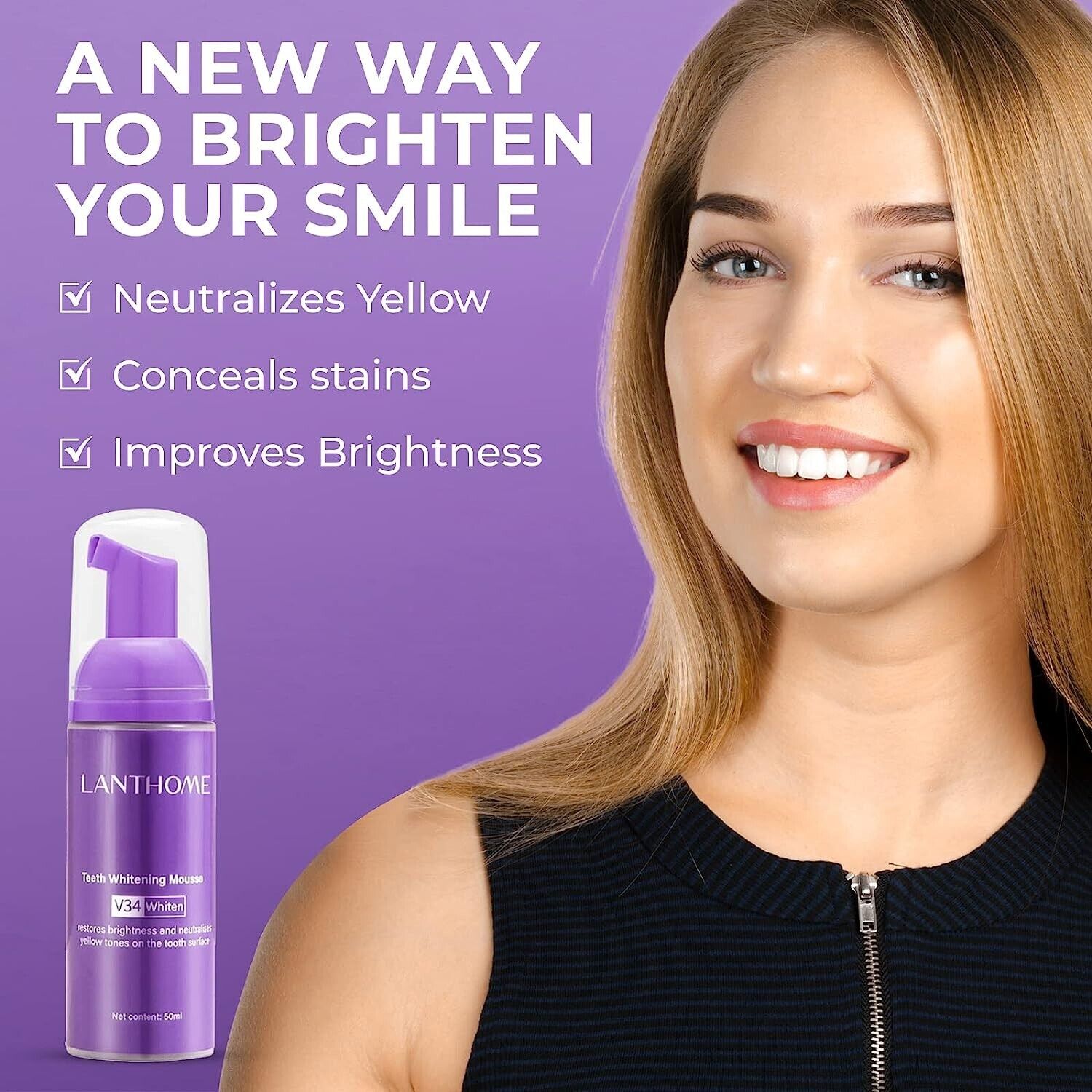 The original Lanthome V34 Purple Teeth Whitening Mousse: Advanced Teeth Whitening, Cigarette Stains Repair ,Neutralizes Yellow Tones removes Dental Plaque ,best Fresh Breath Oral Care