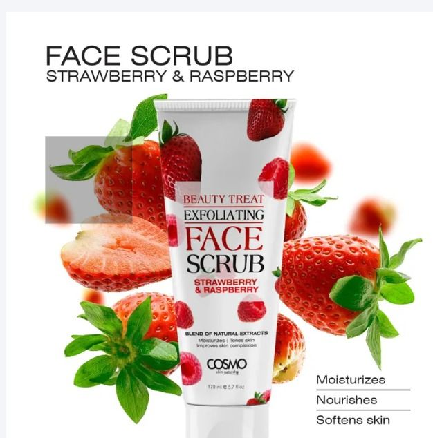 Cosmo Strawberry and Raspberry Face Scrub Exfoliating Beauty Treat Brightens Improves Skin Texture Removes Impurities With Unique Formula Glow Smoothen Soften