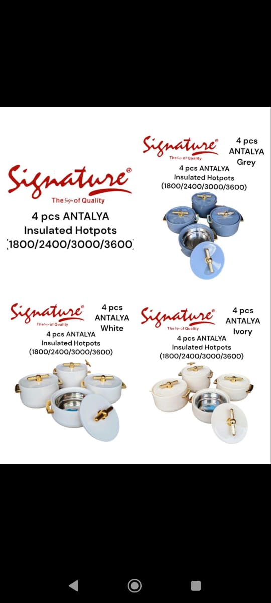 Antalya 4pc hotpot 4 Pieces Insulated Hot Pots Casserole Set 
Comfortable carrying during travel,picnics etc
Freshness Redefined - Retain aroma, taste & nutrition
Intact locking system
Thick polyureth