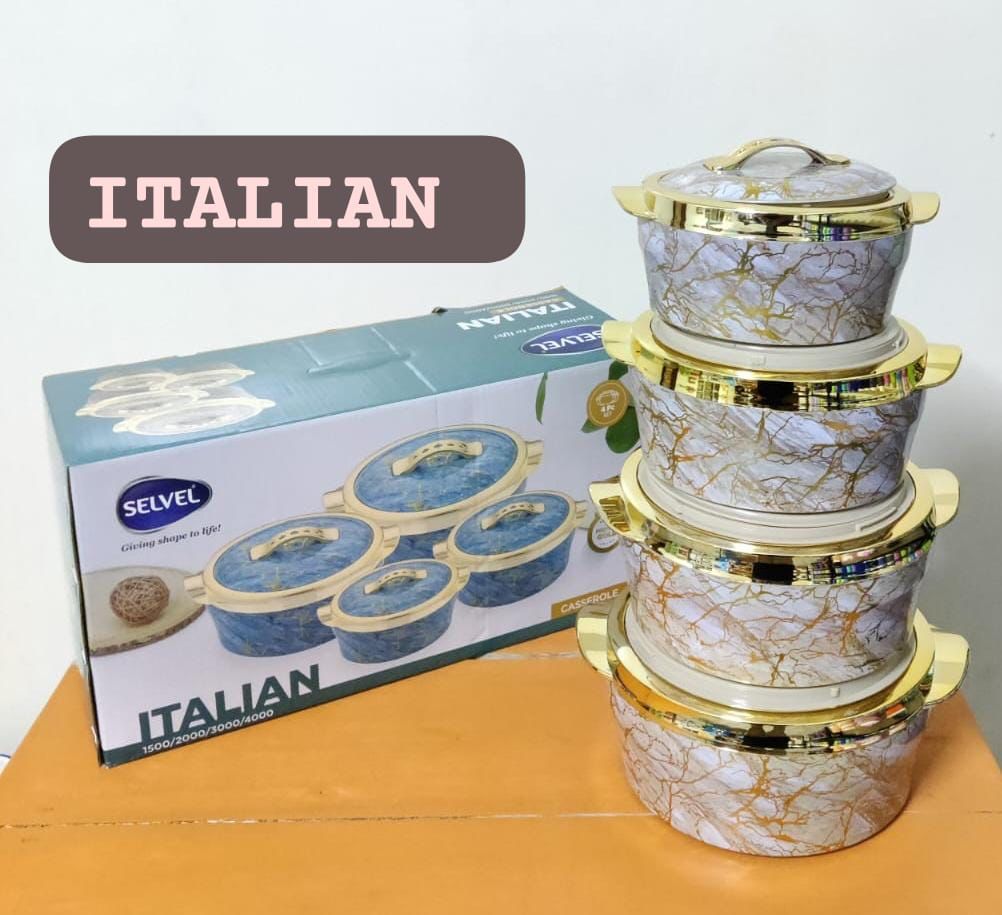 Italian hotpot 4 Pieces Insulated Hot Pots Casserole Set 
Comfortable carrying during travel,picnics etc
Freshness Redefined - Retain aroma, taste & nutrition
Intact locking system
Thick polyurethane