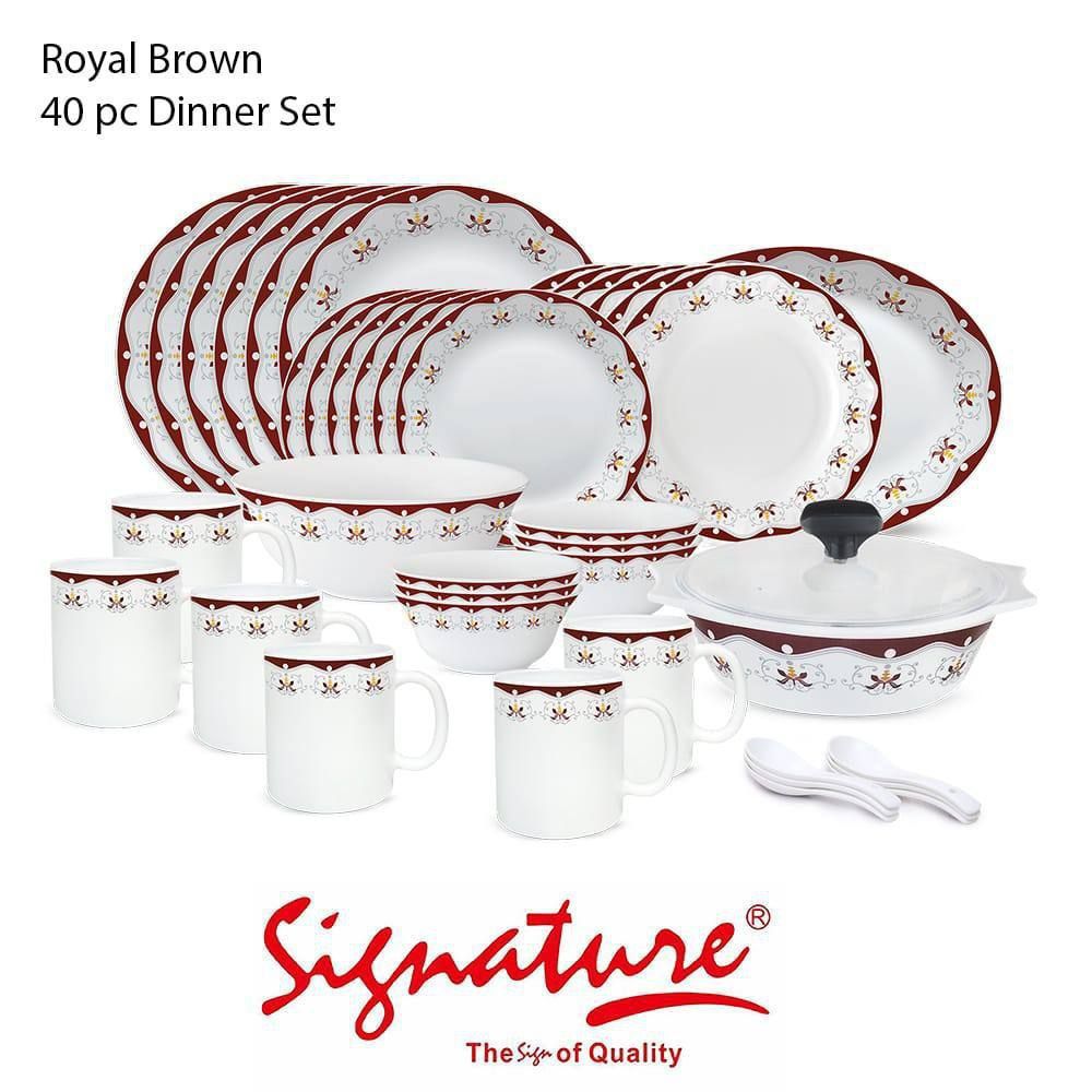 40pxs dinner set  elegant and classy. It has 6 dinner plates, 6 salad plates, 6 bread/butter plates, 6 soup bowls, 1 serving bowl, 1 casserole dish, 1 flat plate, 6 cups and 6 spoons. The set is dishw
