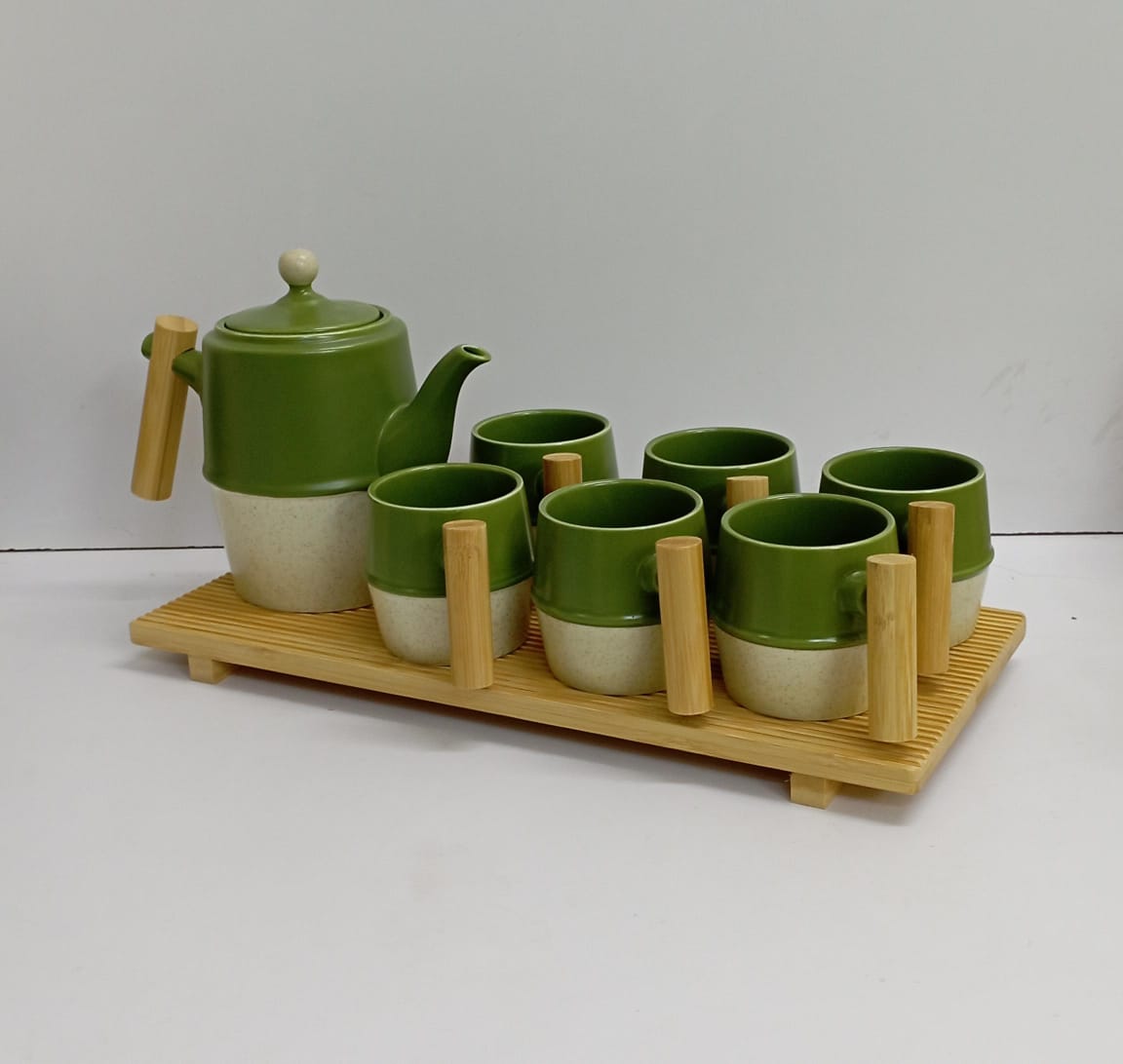 Nordic tea set with rectangular wooden tray The stand which brings elegance to your kitchen and dining table. 
The tea set is made to satisfy the user in terms of elegance and splendor