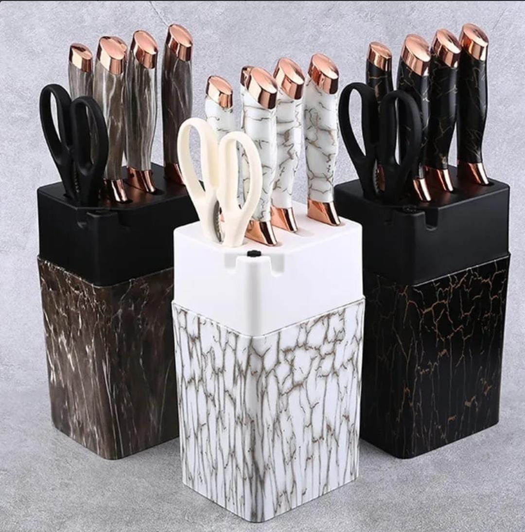 7pc knife n scissor set  Non Stick Kitchen Knives Set with Block
6 Piece Stainless Steel Knives
 Marbling Handle Chef Quality for Home & Pro Use
Elegant and Stylish