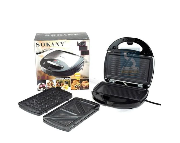 3 in 1 Sokany Sandwich Maker make 3 slices of sandwich at a time with diagonal indentation which makes it easy to slice in half. It feature a thermostat that
protect and control the heat which ensures