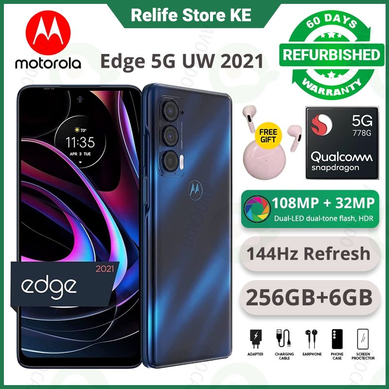 Refurbished Phones Motorola Edge 5G UW 2021 256GB Storage 6GB RAM Snapdragon 778G 108MP+32MP Camera 144Hz Refresh 5000mAh Battery Side Fingerprint Single SIM Smart Phones