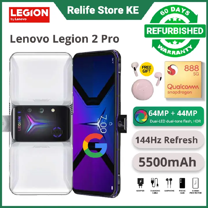 Refurbished Lenovo Legion 2 Pro 12GBRAM 256GB Storage Snapdragon 888 6.92" 5G Gaming Phone 2460x1080P 144Hz 5500mAh Battery 64MP+44MP Camera Smart Phones