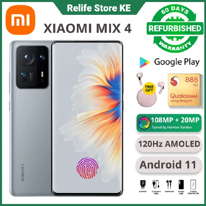 Refurbished Phones XIAOMI MI Mix 4 12GB RAM Snapdragon 888+ 120Hz AMOLED Dual SIM 5G Network Fingerprint (under display, optical) 108MP+20MP Camera 4500mAh Battery Smart Phones