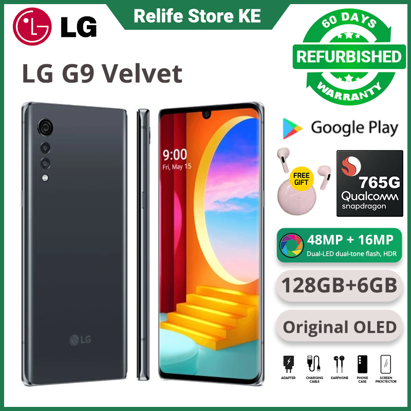 Refurbished phones LG G9 Velvet 128GB Storage 6GB RAM 4300 mah type-c charge 3.5mm headphone single sim 4G Original Screen Screen Fingerprint Unlock Smart Phones