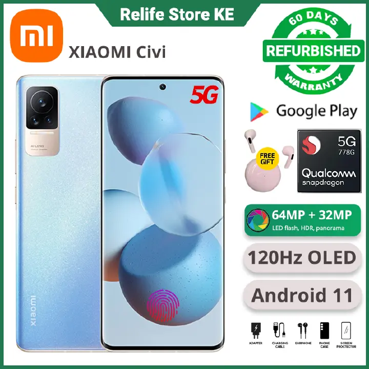 Refurbished Phones XIAOMI CIVI 128GB Storage 8GB RAM 5G Network Snapdragon 778G 64MP 120Hz NFC Curved Screen FHD 4500mAh Battery Stereo Dual Speakers Under Screen Fingerprint Smart Phones