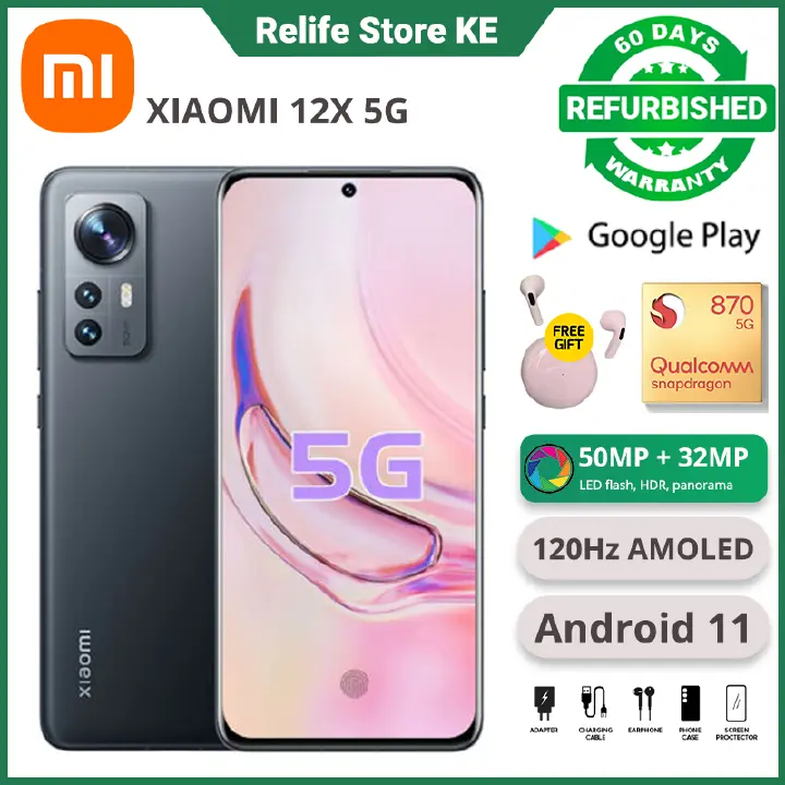 Refurbished Phones XIAOMI MI 12X 256GB Storage 16GB RAM 50MP +32MP Selfie Camera 6.28" 120Hz AMOLED Snapdragon 870 Dual 5G Network Under Dispay Fingerprint Smart Phones