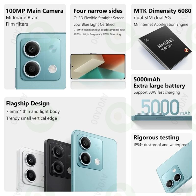 Refurbished Phones XIAOMI Redmi Note 13 5G 12(8+4)GB RAM Dual SIM 120Hz AMOLED Android14 Dimensity 6080 108MP+16MP Camera 5000mAh Battery Side Fingerprint Unlock Smart Phones