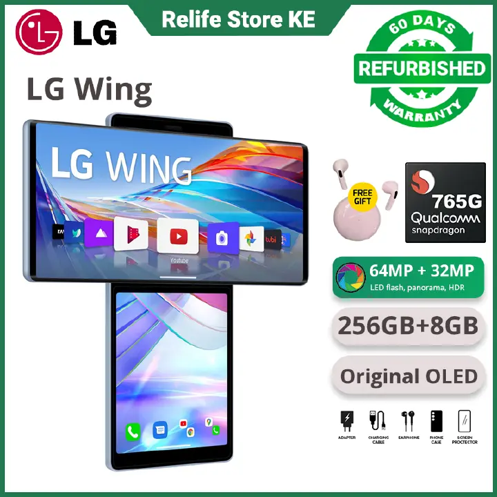 Refurbished Phones LG Wing 256GB 8GB RAM Rotating Dual-Screen Single 4G LTE SIM In-display Fingerprint Unlock 64MP+32MP Camera 4000mAh 99% New Smart Phones