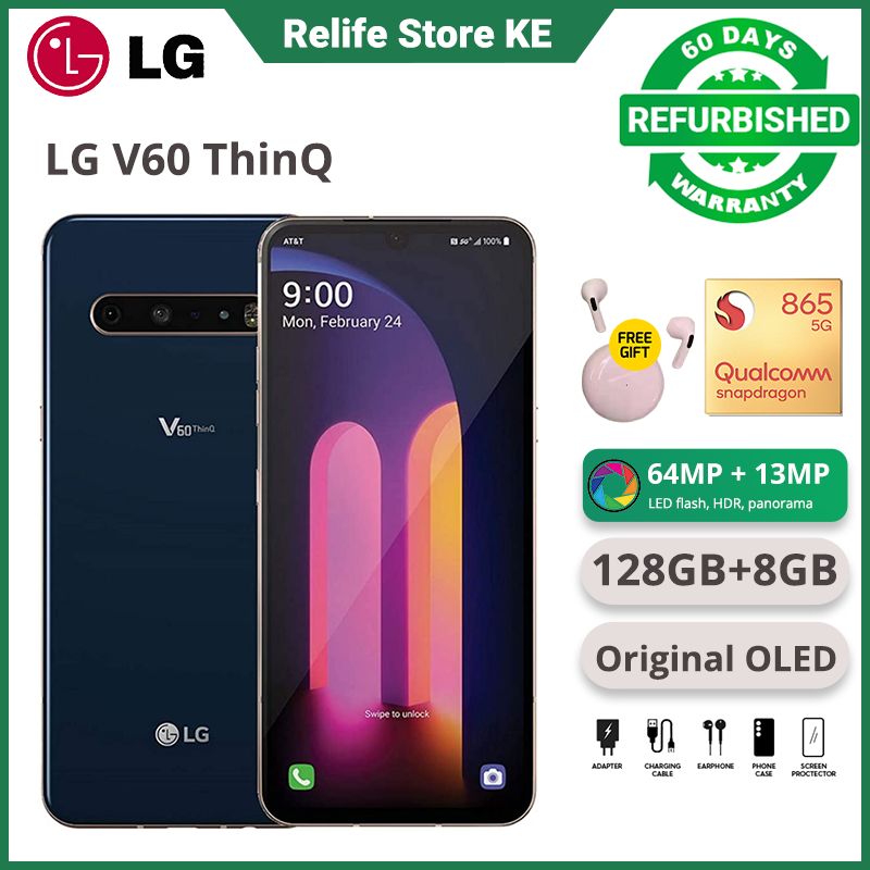 Refurbished Phones LG V60 ThinQ 5G 8GB RAM 6.8" OLED 5000mAh Battery 64MP+10MP Camera Snapdragon 865 5G Hifi Music In-Display Fingerprint Smart Phones